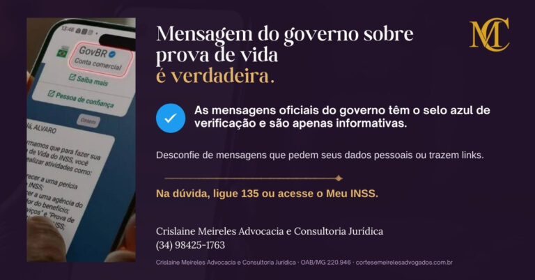 Mensagem do governo sobre prova de vida é verdadeira: tela do WhatsApp com a conta GovBR e o selo azul